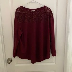 Burgundy long sleeve blouse.